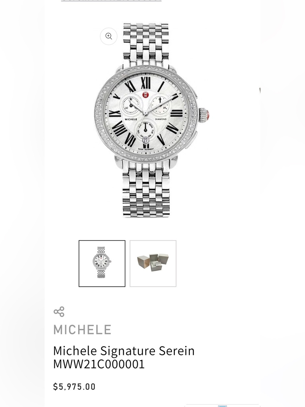 Michele Silver Stainless Steel Diamond Accent Bracelet Watch